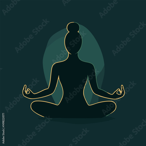 Minimal person meditating vector dark green silhouette gold accent wellness and mindfulness design