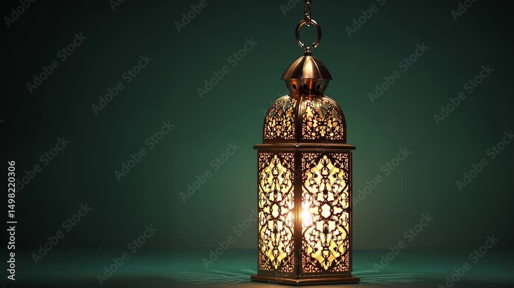 Ornate lantern with candlelight on green background  islamic elegance and calm ambiance