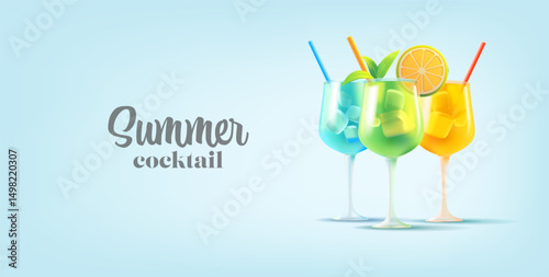 3d bright alcoholic summer cocktails. For promotional offers, and advertising materials, discounts. Bars, restaurants, pubs, beach, vacation. Vector illustration.
