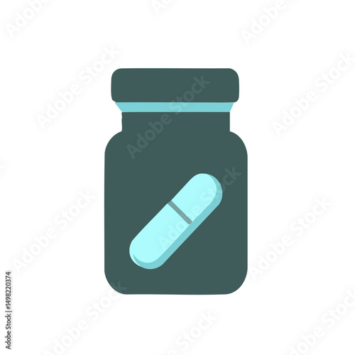 Flat minimal bold silhouette vector of health recovery pill bottle white silhouette with a light blue accent detail health wellness vector