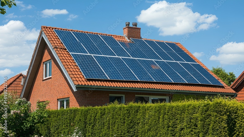 Fototapeta premium The image shows a modern house with solar panels on the roof.