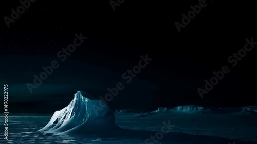 Icy landscape at night with snow covered ground, ice formations, and a dark sky filled with stars in a winter scenery