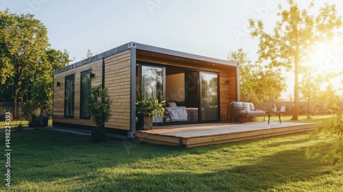Modern shipping container house home, tiny house in sunny day. Shipping container houses is sustainable, eco-friendly living accommodation or holiday home