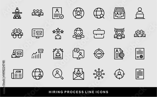 Hiring Process Line Icons. Recruitment, Job Application, Interview, Candidate Selection Vector Set