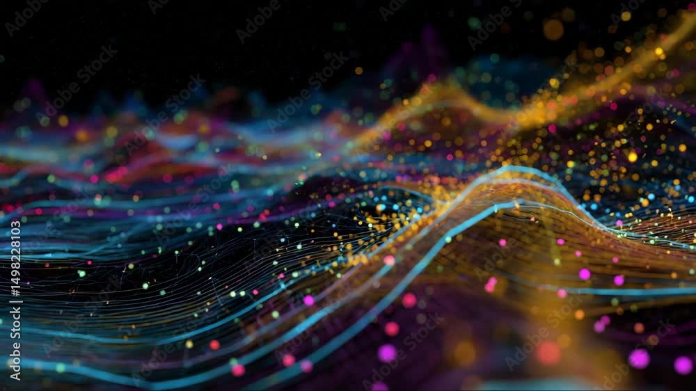 Colorful digital substance with moving data points and wave textures, vibrant neural swarm effect in motion, futuristic fluid animation in abstract AI style
