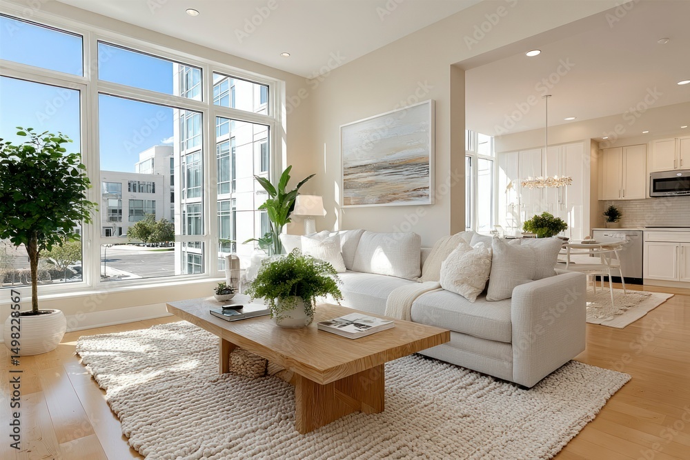 Fototapeta premium Modern Living Room with Natural Light and Cozy Decor Featuring a Comfortable Sofa Wooden Coff