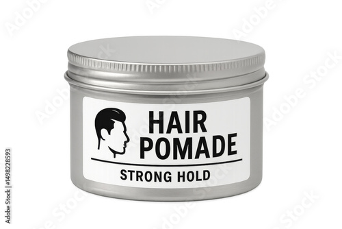 Strong hold hair pomade in metallic container with transparent background