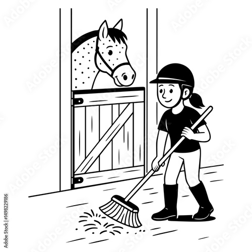 Girl cleaning horse stable with a broom