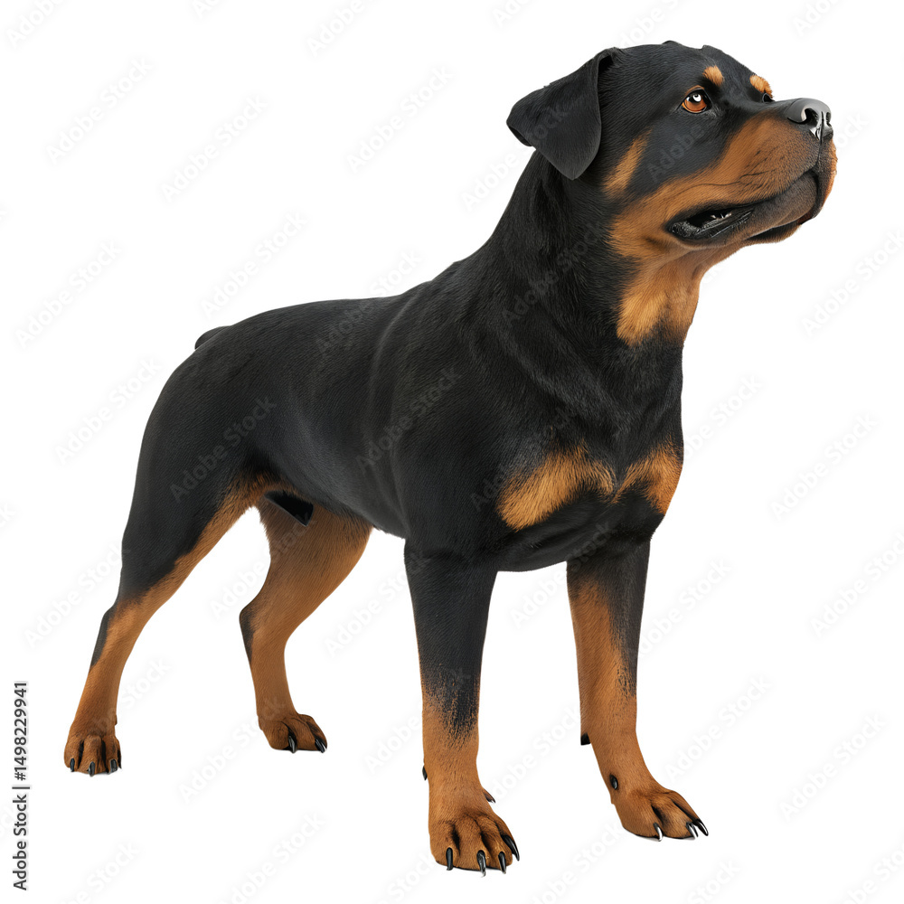Fototapeta premium Rottweiler Dog Portrait: A majestic Rottweiler, a powerful and loyal breed known for its intelligence and protective nature, stands proudly against a clean background. The dog's rich black coat.