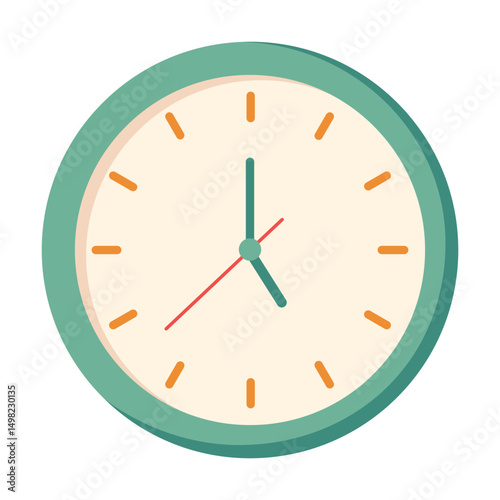 Flat style vector illustration of a round wall clock with teal frame, simple dial, and orange hour markers. Clean and minimal design isolated on white background. Cartoon style.