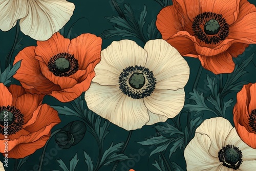 Floral Pattern with Poppies and Anemones