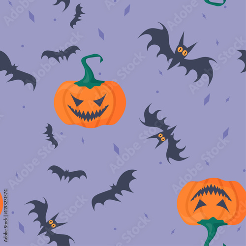 Halloween vector seamless pattern with pumpkin, bat characters. Holiday vector illustration
