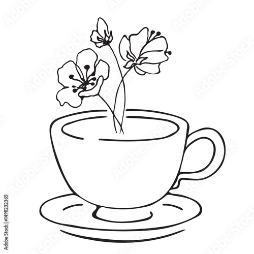 Cute cup of tea with jasmine flowers. Hand drawn doodle sketch vector illustration. For greeting cards, covers, posters, labels, food design, pastry shops, cafes. Black and white background.