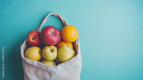Fresh Apples and Oranges in a Cotton Bag