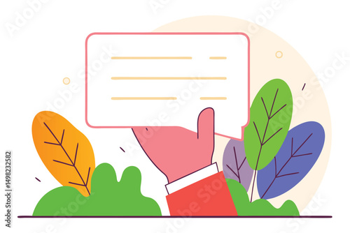 Hand holding a blank speech bubble surrounded by nature elements illustration