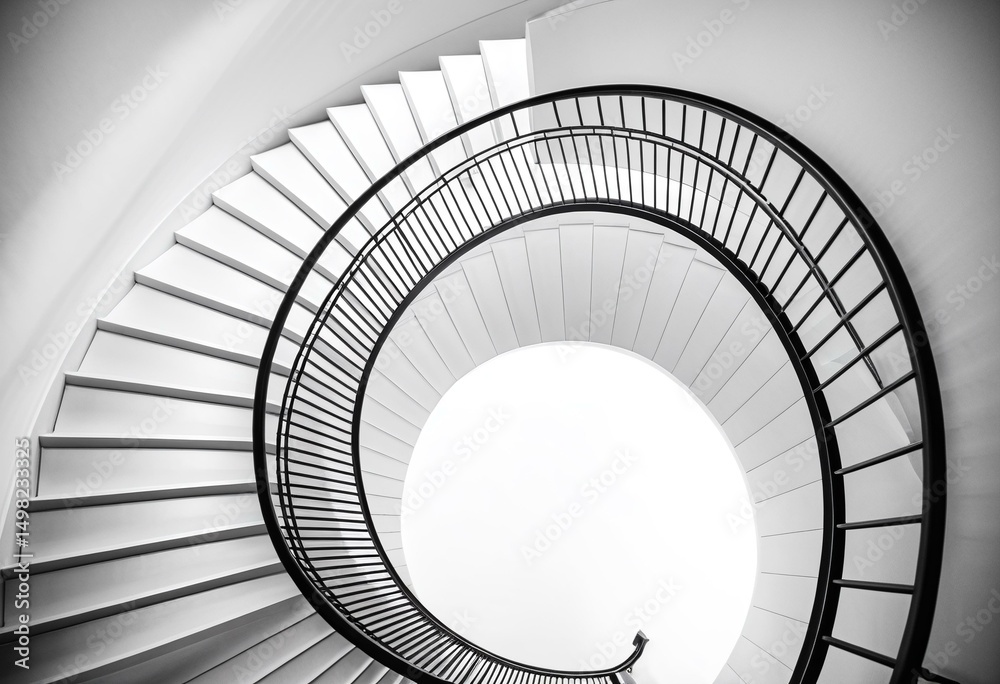 Fototapeta premium A spiral staircase in a white room with large windows.