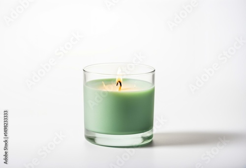 A green candle sitting on top of a white table.