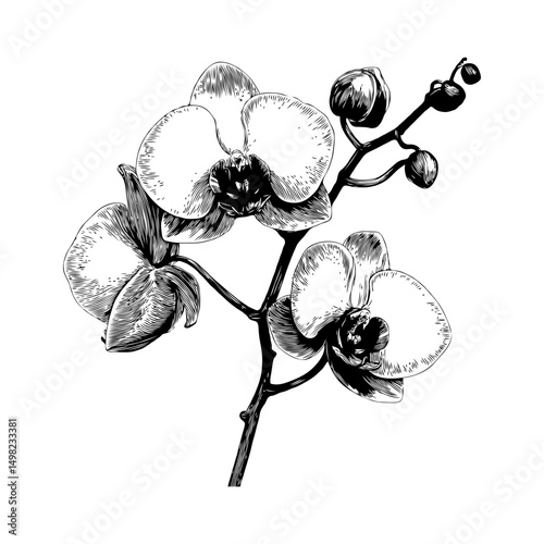 Hand-drawn orchid flowers in detailed black ink sketch style on a white background, representing elegance, beauty, and nature illustration