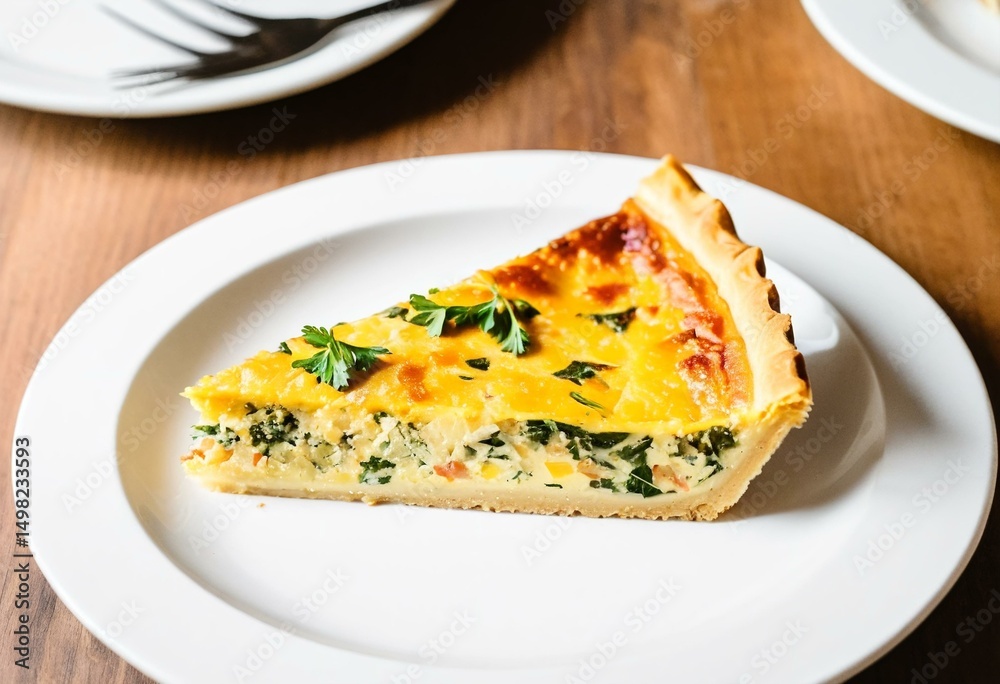 A slice of quiche on a white plate. A slice of quiche on a white plate.