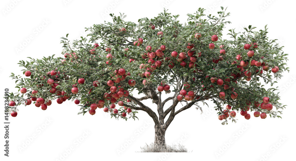 Obraz premium A realistic apple tree with red apples on a white background, png, transparent