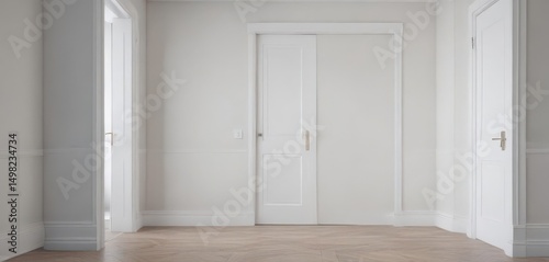 Crisp white interior door, closed; minimalist handle , wood, texture, white door