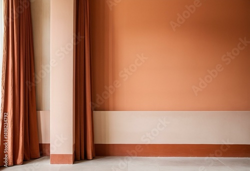 A room with a curtain and a wall in it.