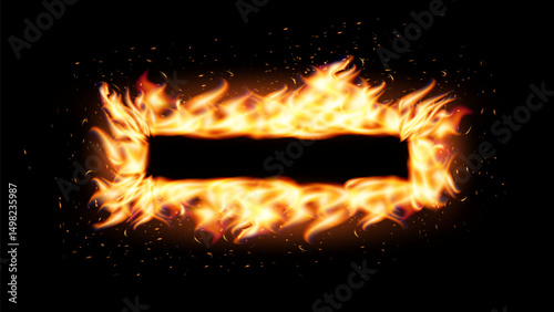 Burning rectangular fire frame with glowing flames and sparks on black background. Ideal for dramatic banners, warning signs, energetic promo visuals. Vector illustration.