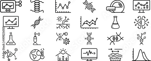 Genetics, Data Science, and Environmental Research Line Icons. DNA, AI, Climate, and Lab Tools Set
