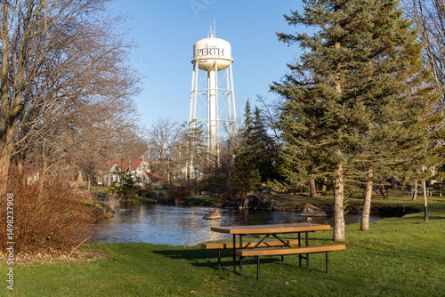 Park and water tower in Perth, Ontario, Canada in spring season