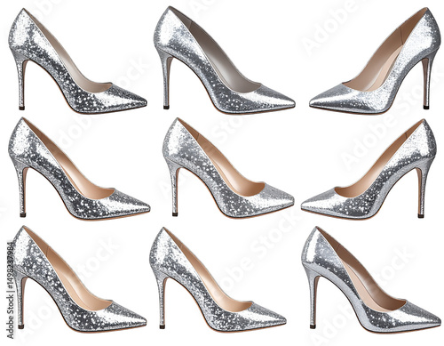A grid showcasing nine pairs of silver glitter high-heeled shoes, displayed in various angles