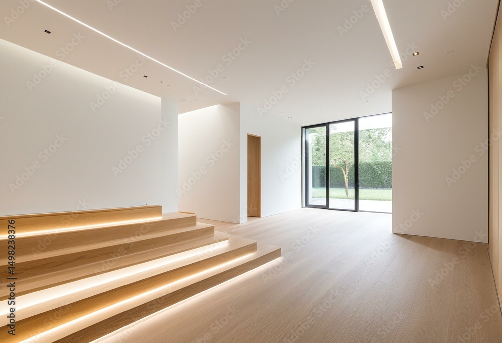 Obraz premium A living room with wooden floors and white walls.