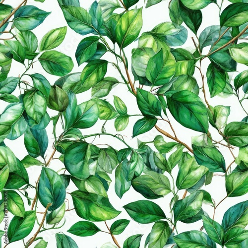 A lush botanical seamless pattern of green leaves and vines, watercolor painting style