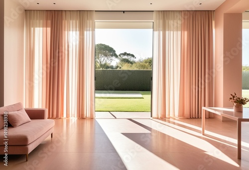A living room with a couch and a large window.