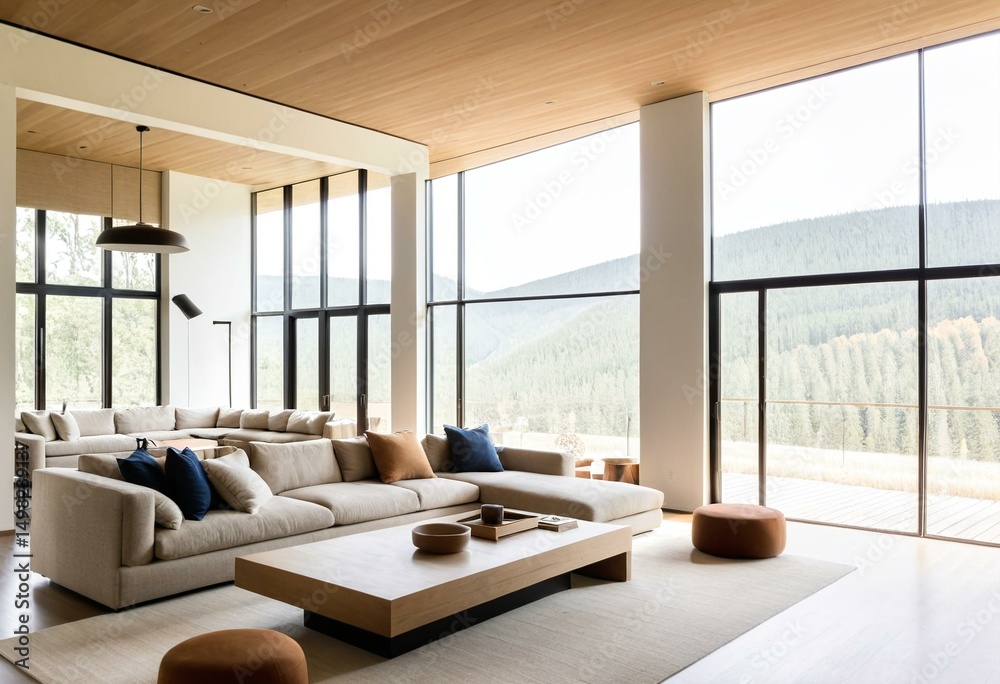 Fototapeta premium A living room filled with furniture and large windows.