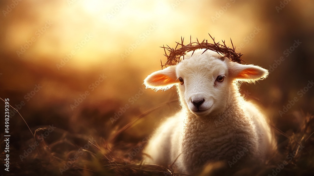 Obraz premium A cute lamb wearing a crown of thorns, symbolizing Jesus Christ in a tender and meaningful representation of sacrifice and purity.