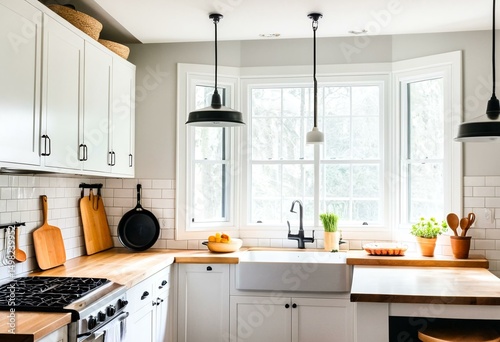 A kitchen with white cabinets and wooden counter tops.