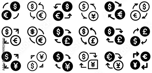 Currency Exchange Icon Set – Forex, Money Change, Global Finance:
A diverse set of currency exchange icons, perfect for forex, international money transfer, and global finance applications.
