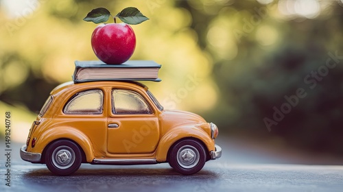 Miniature Car with Book and Apple for Back to School