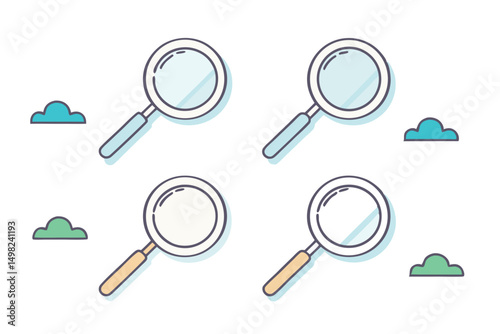 Illustration of magnifying glasses and stylized clouds on a clean white background