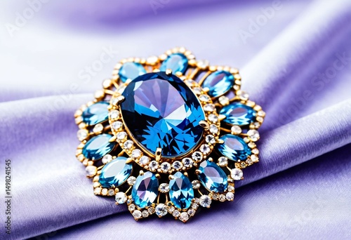 A blue and gold brooch on a white surface.