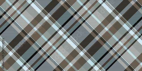 Elegant diagonal plaid pattern in muted grey, brown, and blue hues.  Perfect for textile design, website backgrounds, or creating a sophisticated, timeless aesthetic.