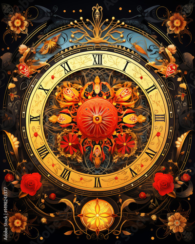 Illustration of a magical circle divided into twelve sectors like a zodiac circle