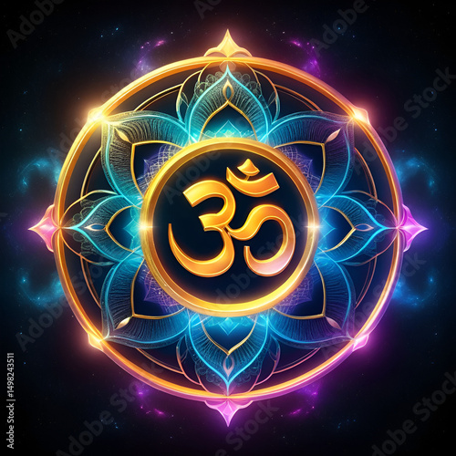vibrant 3d rendering of a glowing om symbol surrounded by cosmic energy, representing spirituality and divine connection
