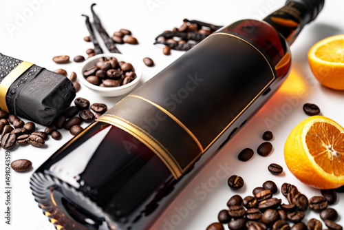 Whisky bottle surrounded by coffee beans, cacao, vanilla, and orange fruit on white background