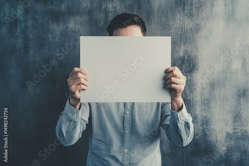 Obraz na płótnie Person with blank paper on gray backdrop