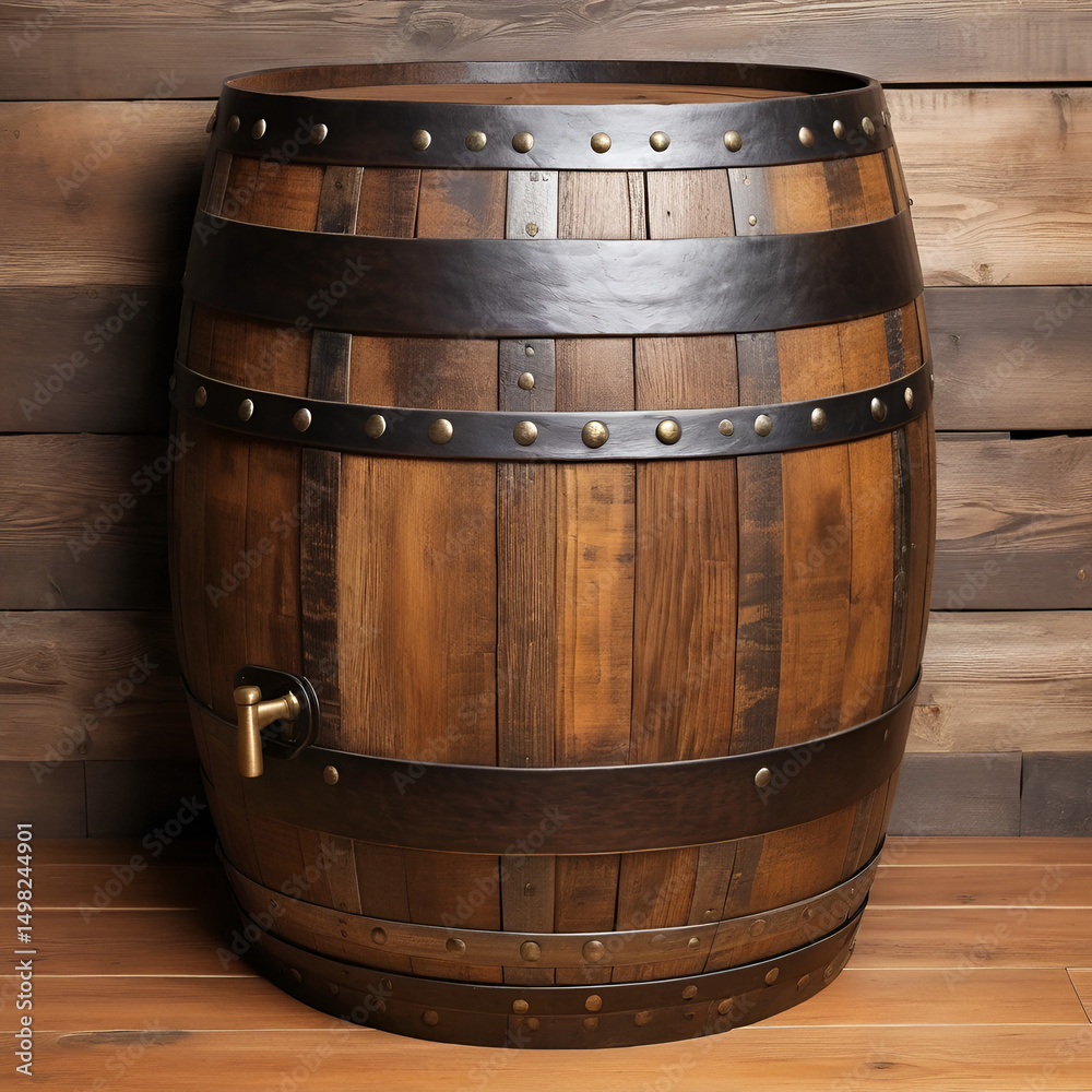 Fototapeta premium 70 wooden barrel, rustic, oak, metal bands, cylindrical, vintage, weathered, wine cask, beer keg, aged wood, old-fashioned, traditional craftsmanship, rich brown tones, detailed texture, realistic ren