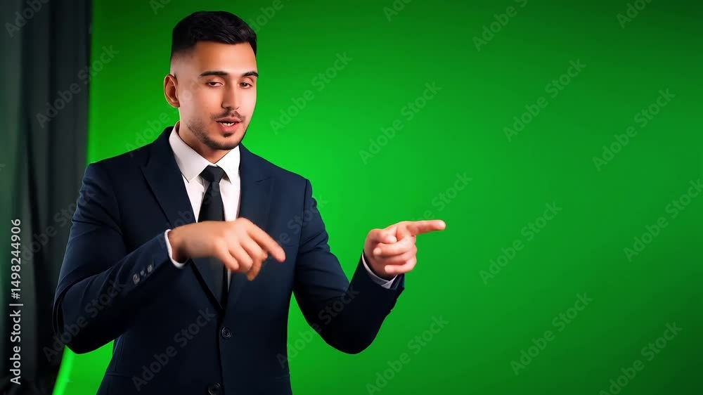 Man in suit pointing on green screen background for presentation or advertisement purposes studio shot