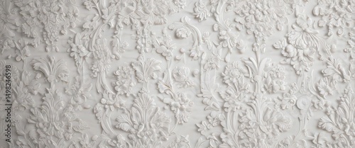 Intricate white floral damask wallpaper, embossed texture, room, scroll