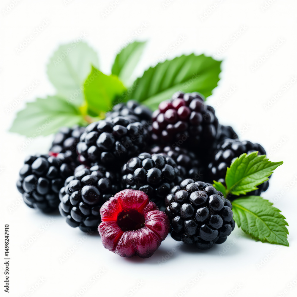 Realistic and Vibrant Close-Up of a Cluster of Blackberries with One Berry Partially Cut Revealing Interior Realistic and Vibrant Close-Up of a Cluster of Blackberries with One Berry Partially Cut Revealing Interior