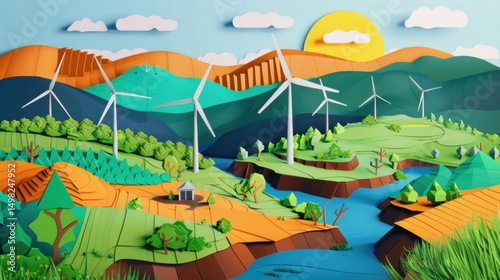 Paper Craft Landscape with Wind Turbines and Solar Panels